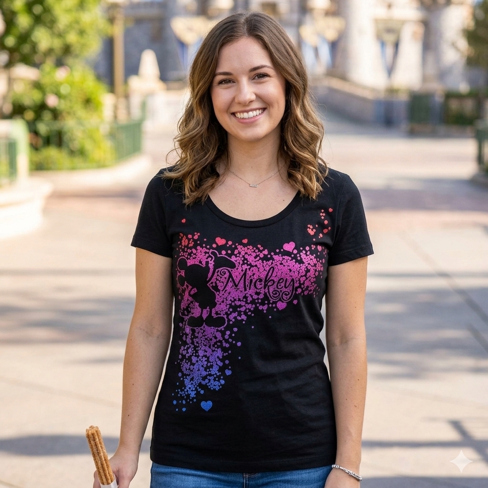 Disney Black Tee with Pink and Purple Mickey Sparkle Design